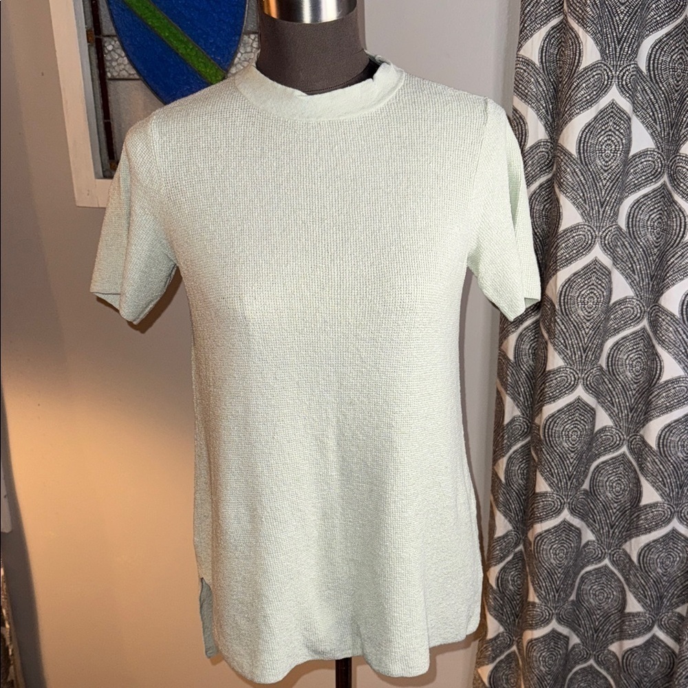 Eileen Fisher Pale Mint Green Organic Linen Blend Waffle Knit Short Sleeve Top